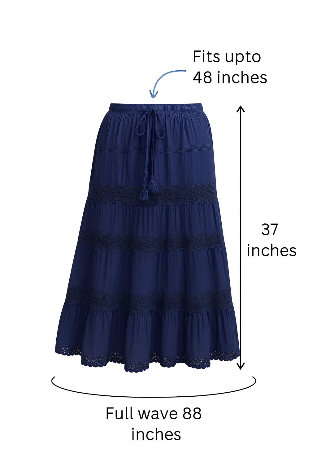 Navy Blue Cotton Lace Maxi Skirt – 100% Cotton Boho Long Skirt for Women | Made in India