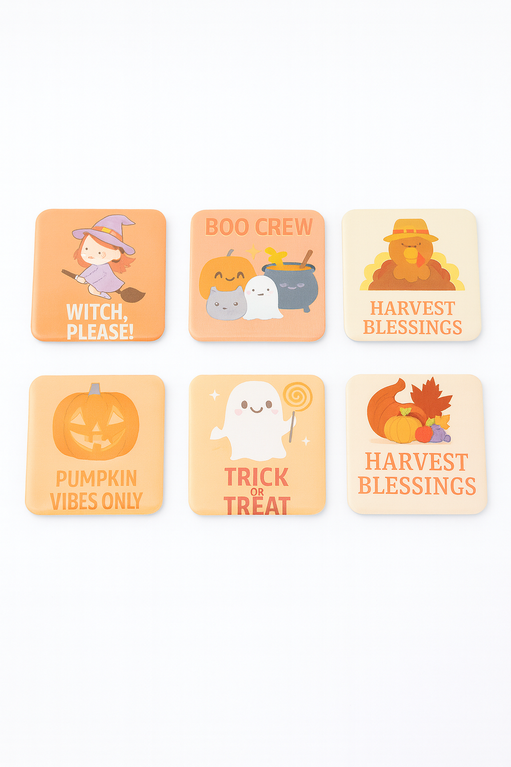 Fall & Halloween Fridge Magnet Set | Made in Canada | 2x2 inch Rounded Corners | Pumpkin Patch & Harvest Decor Gift Box