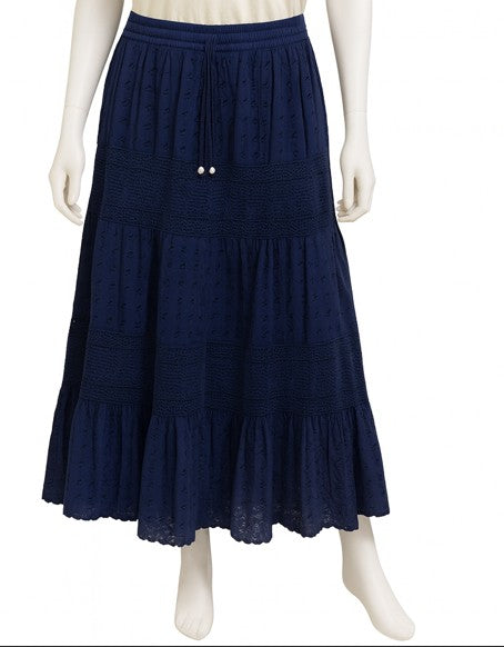 Navy Blue Cotton Lace Maxi Skirt – 100% Cotton Boho Long Skirt for Women | Made in India