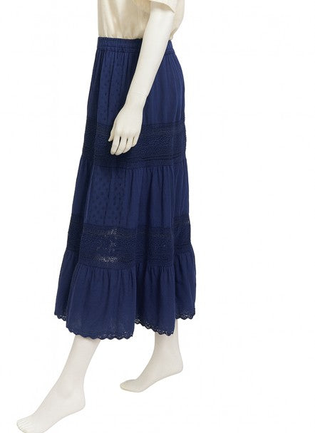Navy Blue Cotton Lace Maxi Skirt – 100% Cotton Boho Long Skirt for Women | Made in India